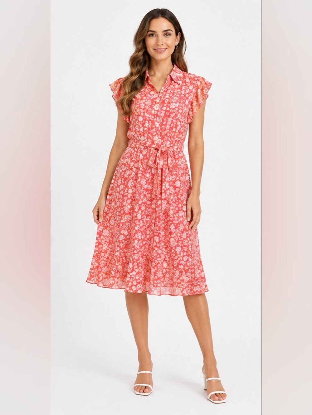 R & K Coral Floral Ruffled Dress Flutter Sleeve Button Down Tie Waist Sz 16 Plus